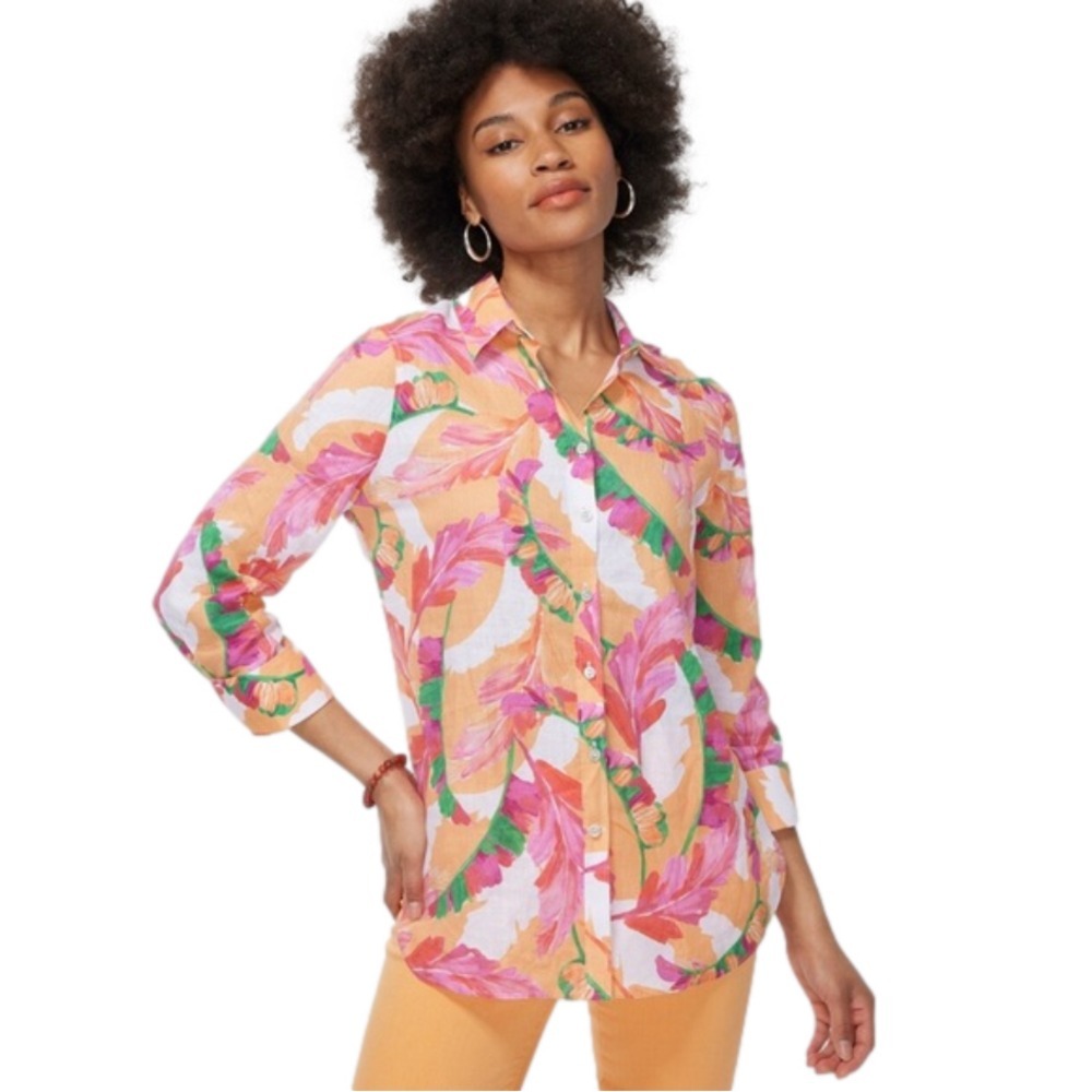 Chicos Size 2 US L 12 No Iron Linen 3/4 Sleeve Floral Foliage Button‎ Down Shirt